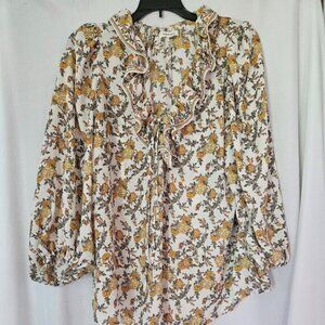Max Studio Cream/Yellow/Green Floral Long Sleeve Blouse